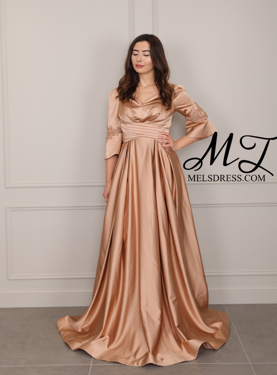 beige satin dress long sleeve